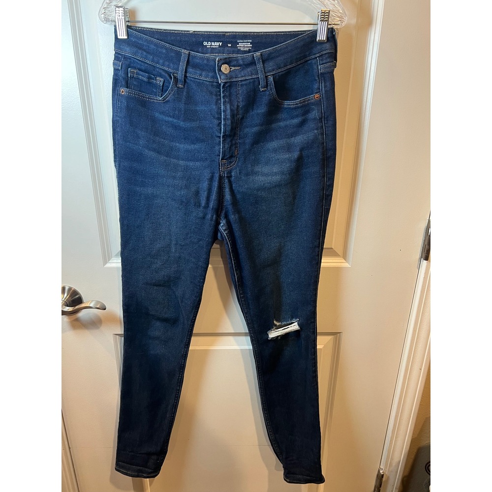 Old Navy Womens Rockstar Super Skinny Extra High-Rise Distressed Blue Jeans 10
